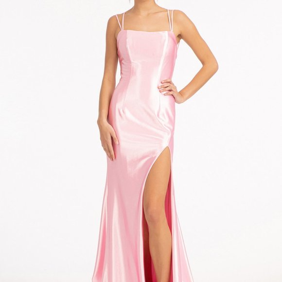 BLUSH PINK Straight Across Satin Mermaid Dress w/ Lace-up Back Slit DRESS GL3061